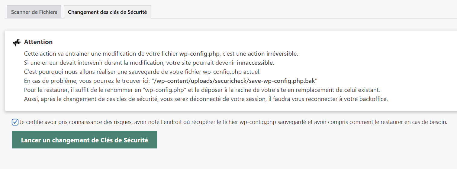validation changement des clés salts WordPress