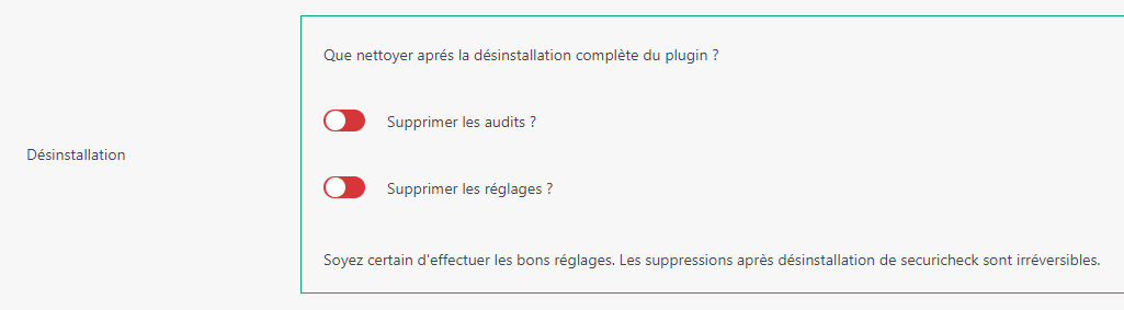 réglages des actions à faire lors de la désinstallation du plugin