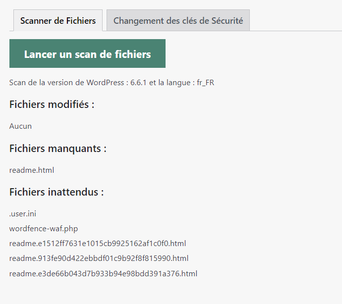 résultats scan de fichiers WordPress