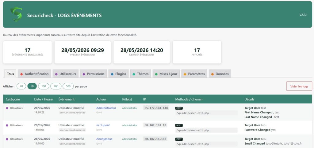 log évènements wordpress