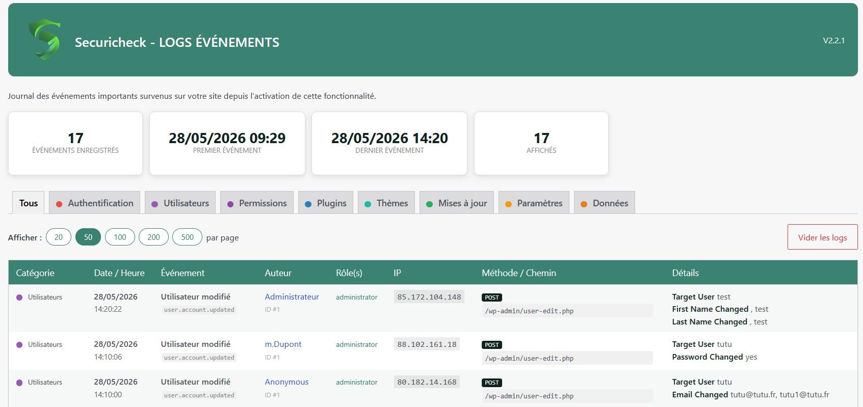 log évènements wordpress